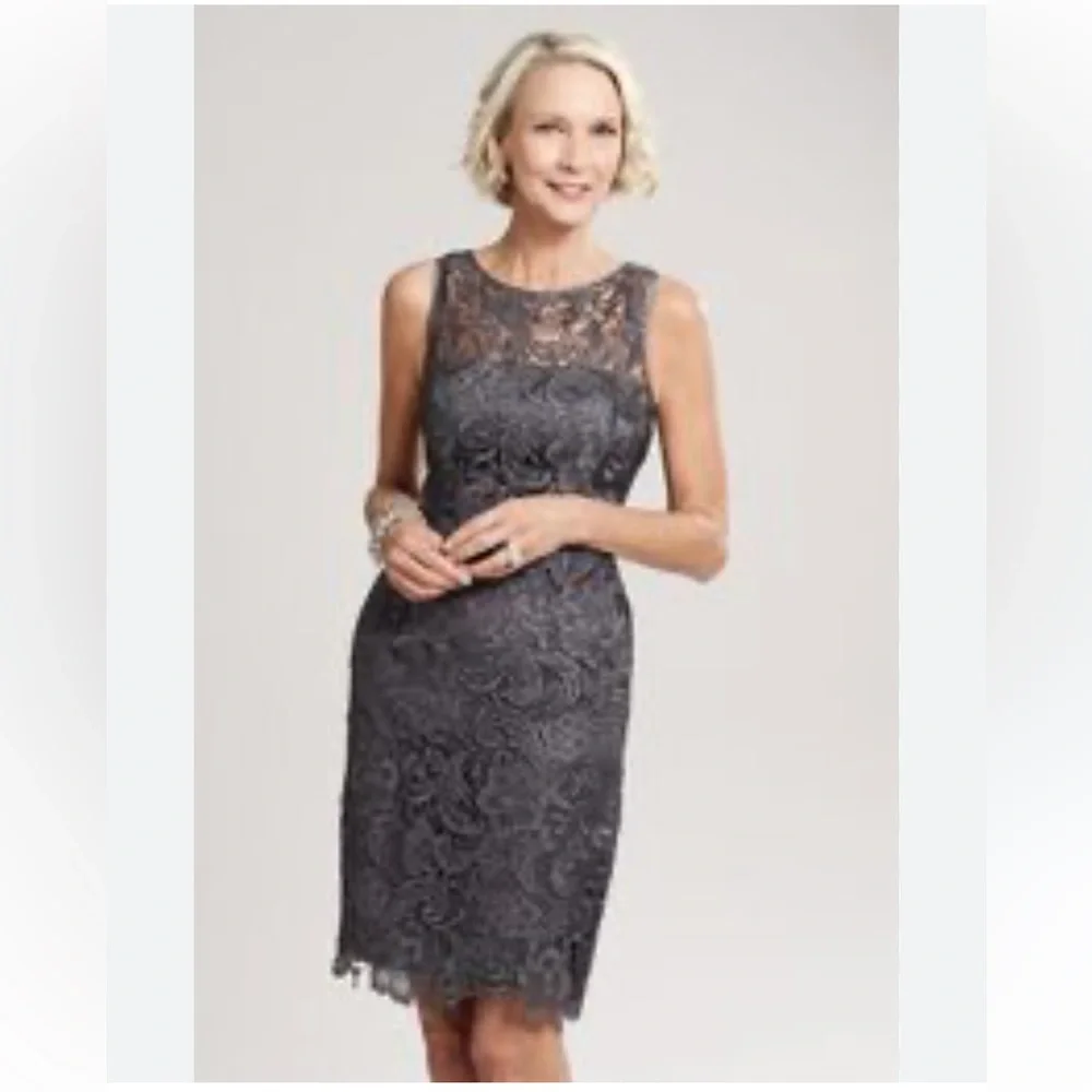 adrianna papell illusion neck lace dress Adrianna Papell Illusion Neck Tonal Lace Dress